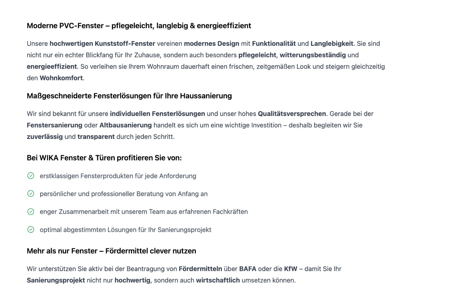 Webprojekt von Lara Stehlin Design in Kappel-Grafenhausen und der Ortenau: SEO-Optimierung und Neuerstellung der Texte auf der Website von WIKA Fenster und Türen in Kappel-Grafenhausen.